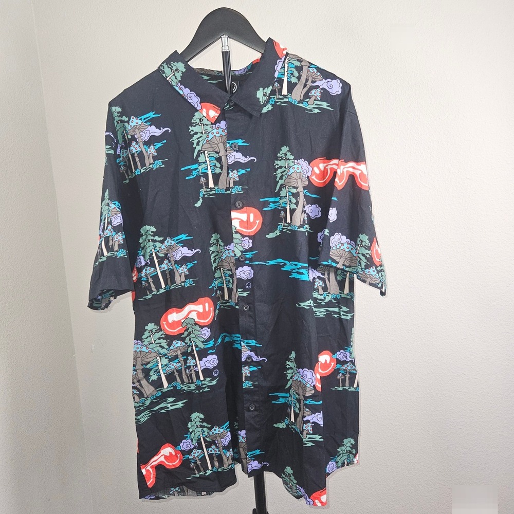 Neff‎ Button Down Shirt Mens 3XL Black Mushroom Trippy Smiley Psychedelic Street